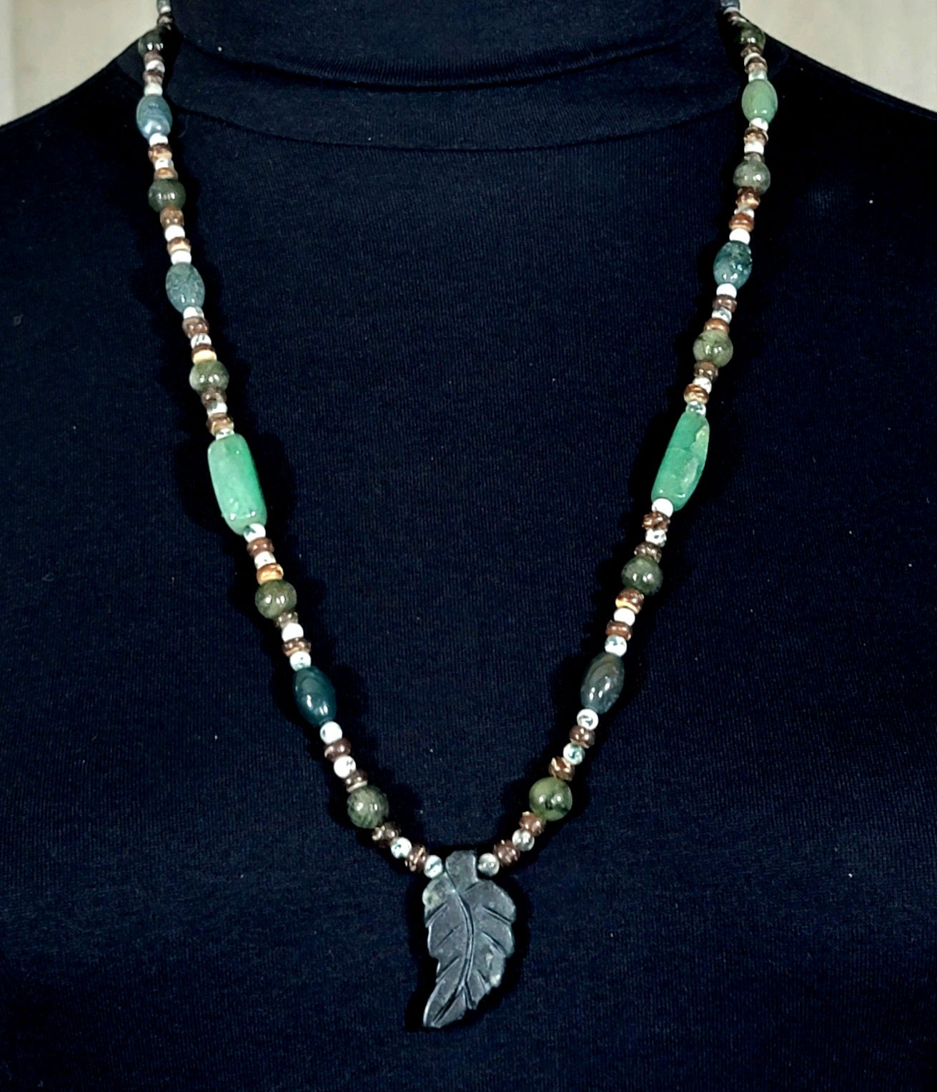 Agate Leaf Pendant:  Green Agate, Moss Agate, Jasper & Wood