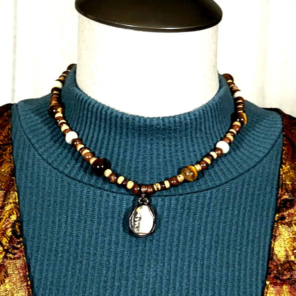 Silver Lace Onyx Pendant: Tiger Eye, Bone, Reed & Wood
