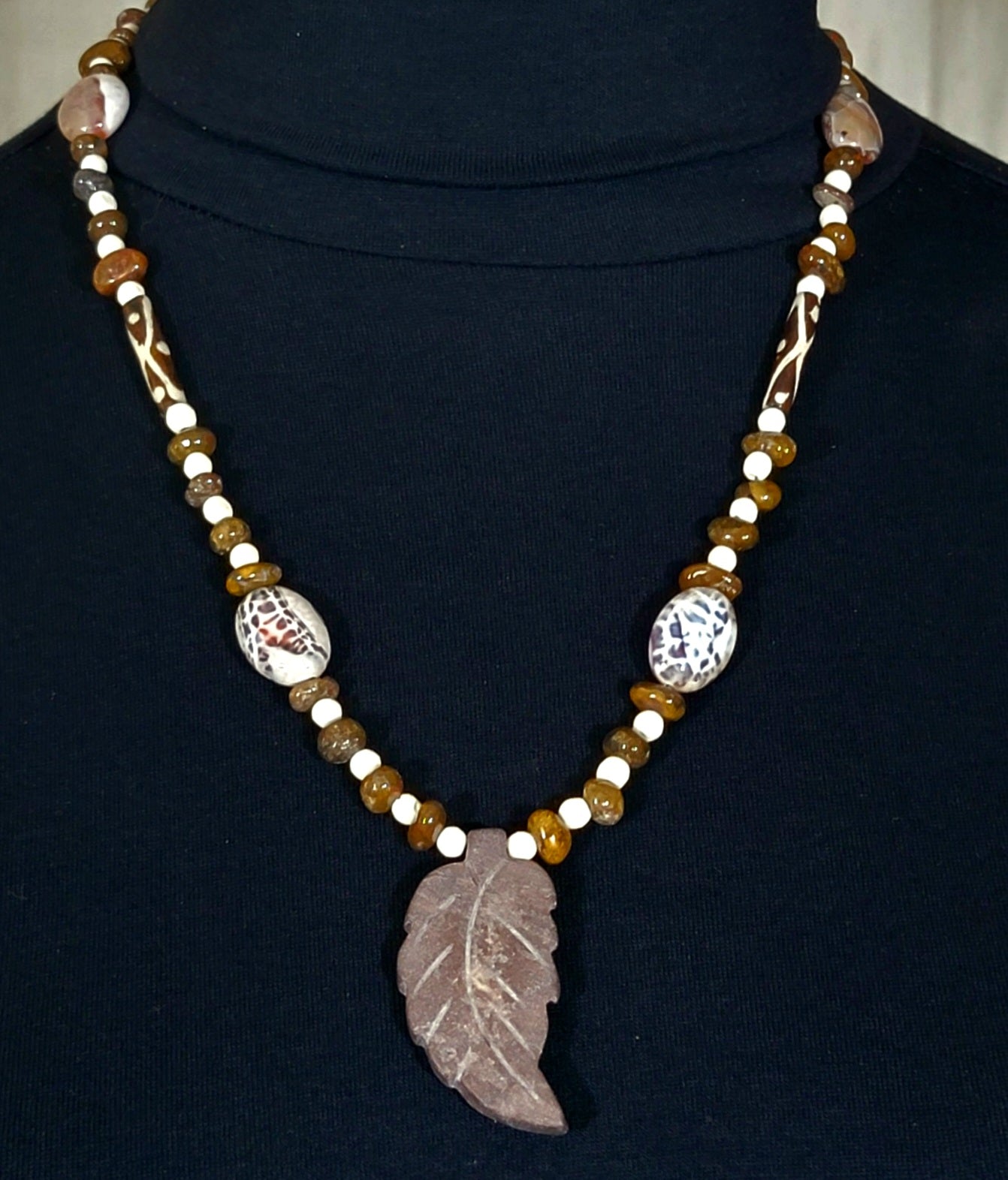 Agate Leaf Pendant: Carnelian & Bone.