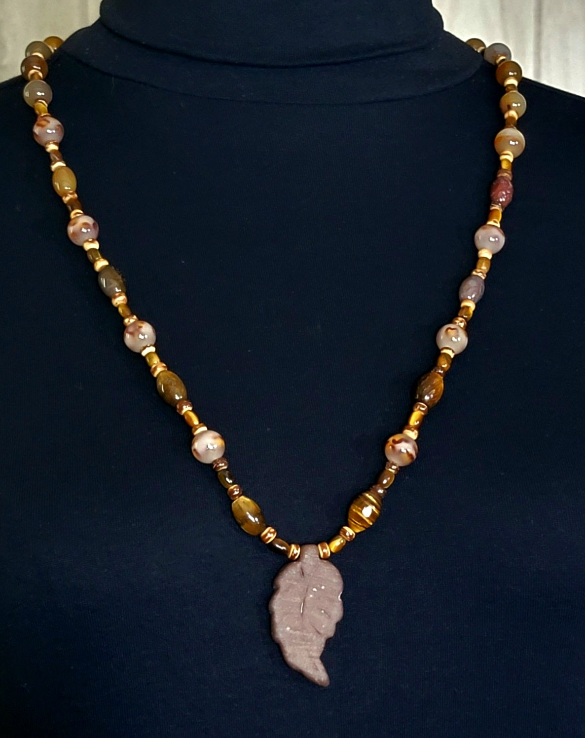 Agate Leaf Pendant:  Brown Tiger Eye, Leopard Quarts, Jasper, Agate & Reed