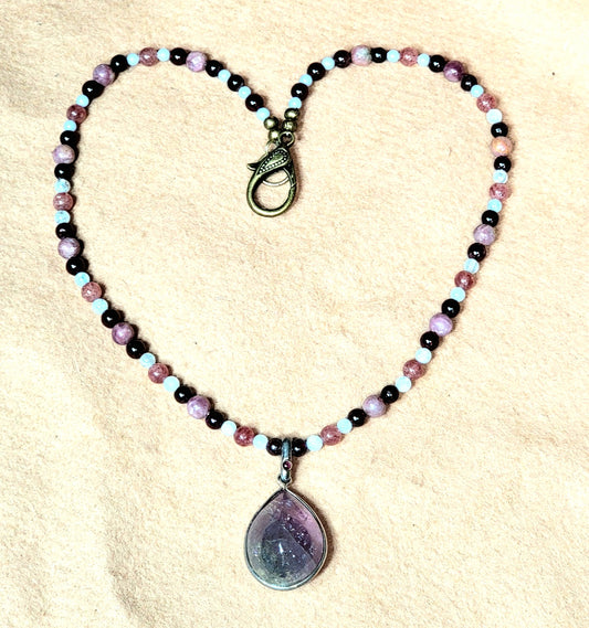 Bi Color Tourmaline Pendant: Garnet, Aquamarine Angelite Tourmaline & Rhodolite.