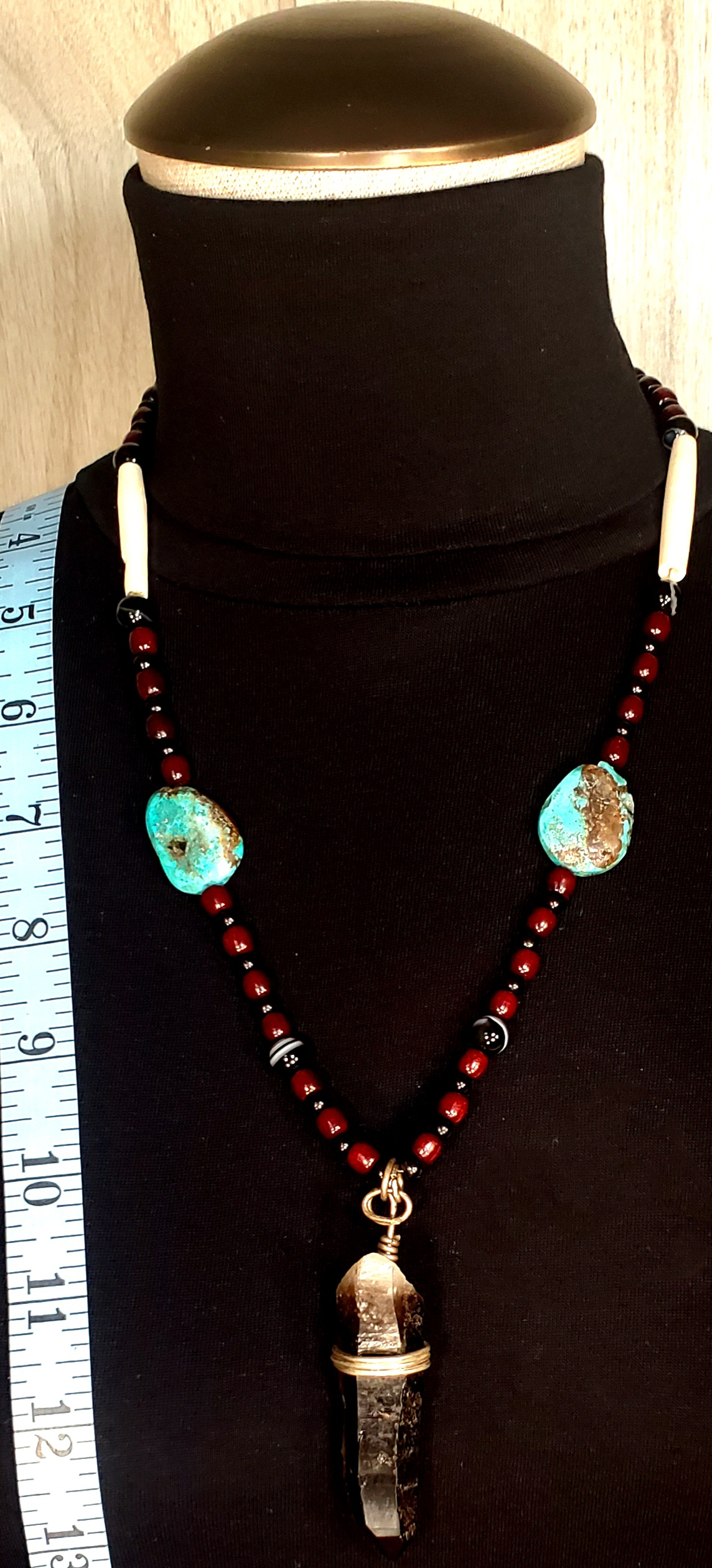 Smokey Quarts Point: Vintage Turquoise, Black Onyx & Bone