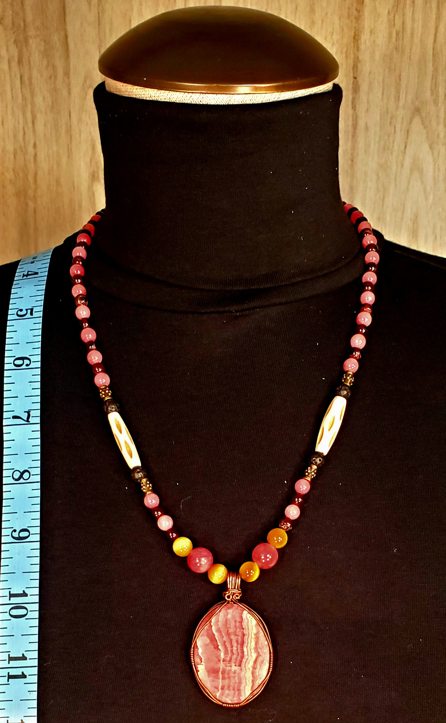 Rhodochrosite Cabochon: Yellow Tiger Eye, Rose Quarts, Garnet, Lava & Bone