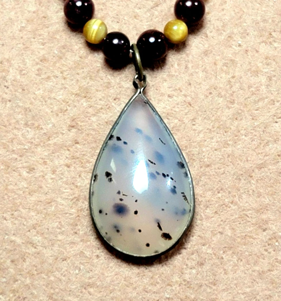 Moss Agate Cabochon: Yellow Tiger Eye, Garnet, Leopard Quartz Bone & Seed