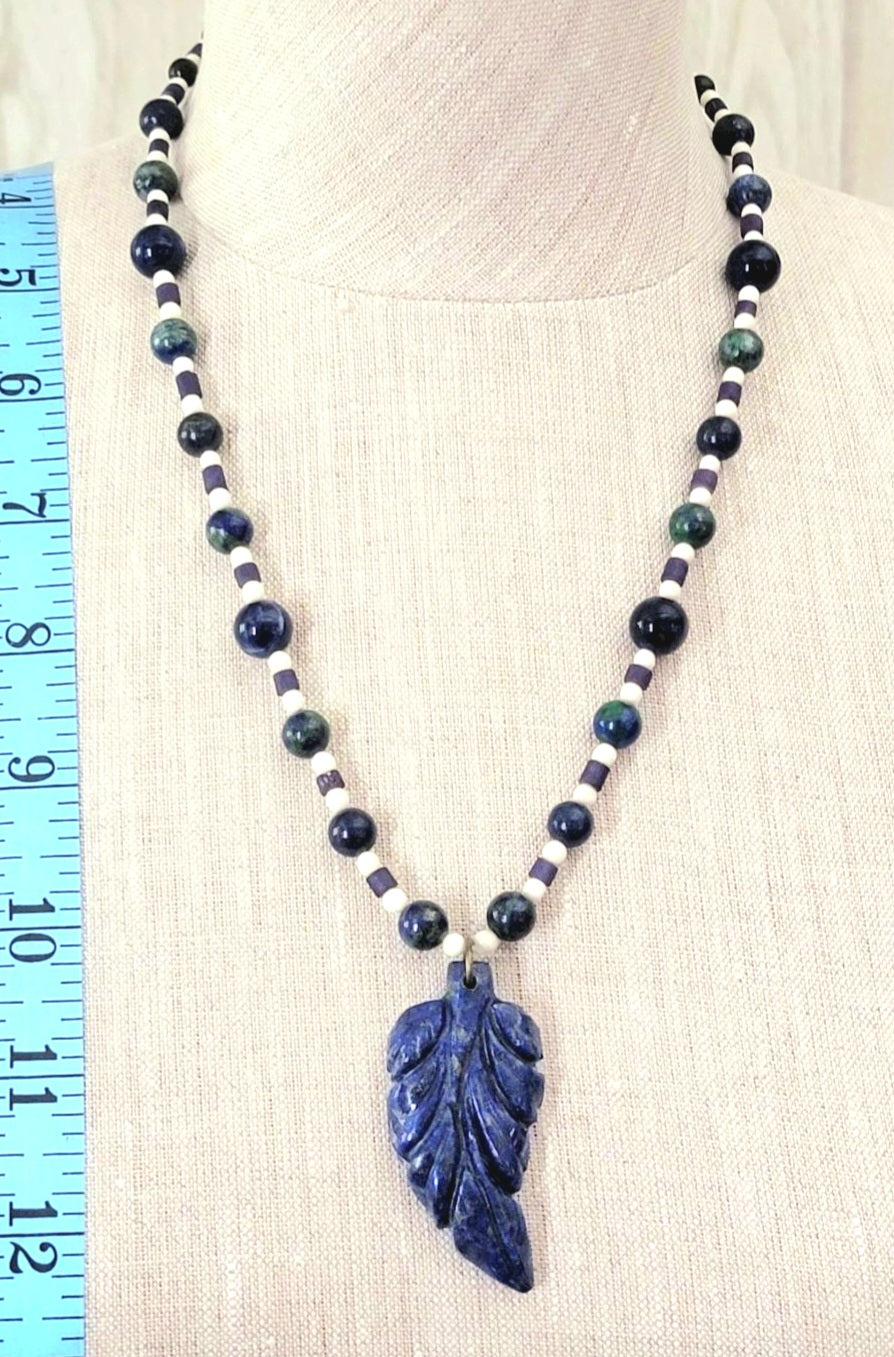 Lapis Leaf Pendant: Malachite-Azurite, Lapis, Bone & Reed