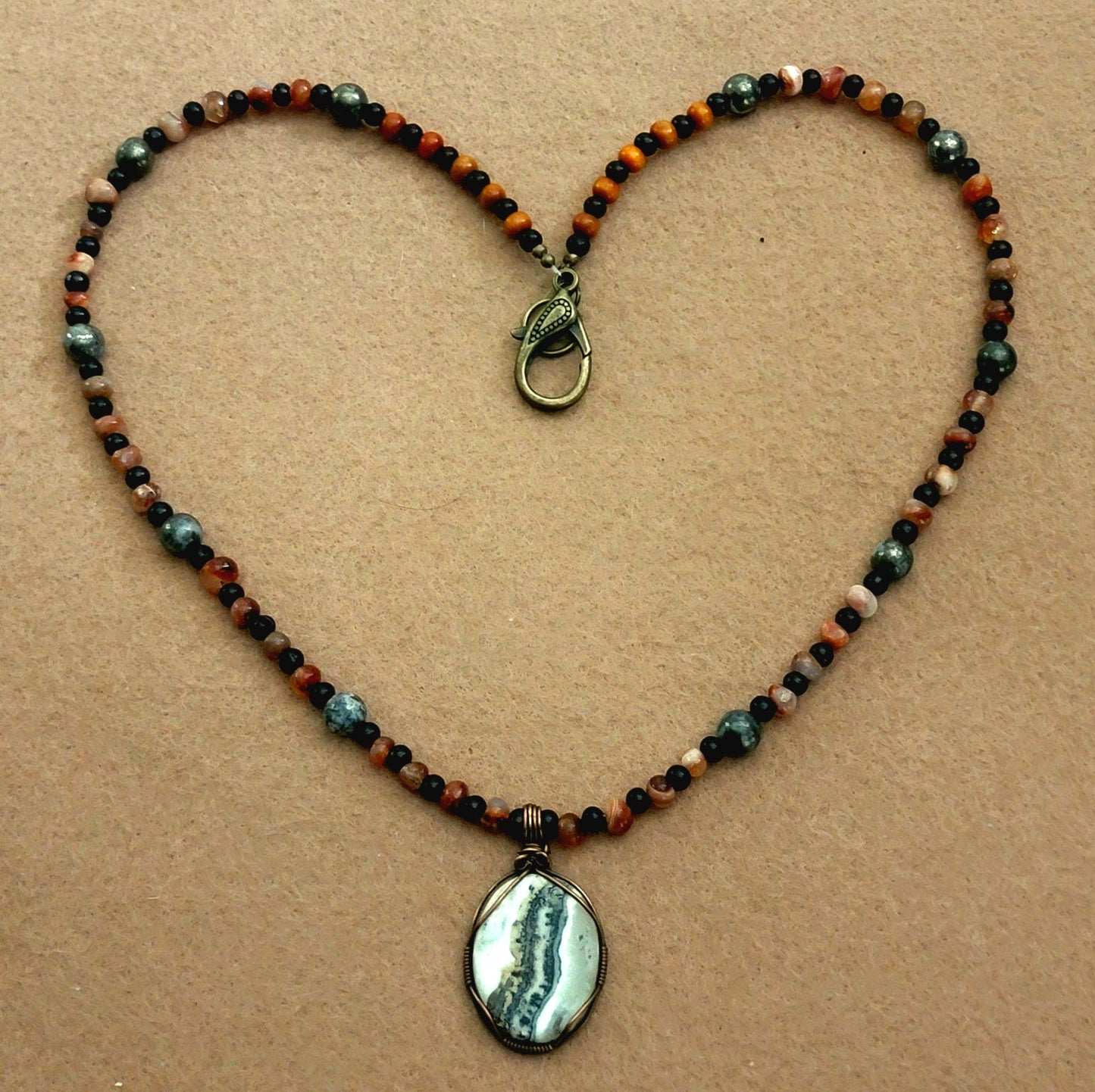 Silver Lacy Onyx Pendant:  Carnelian, Pyrite & Agate