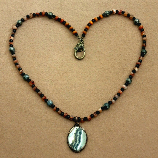 Silver Lacy Onyx Pendant:  Carnelian, Pyrite & Agate