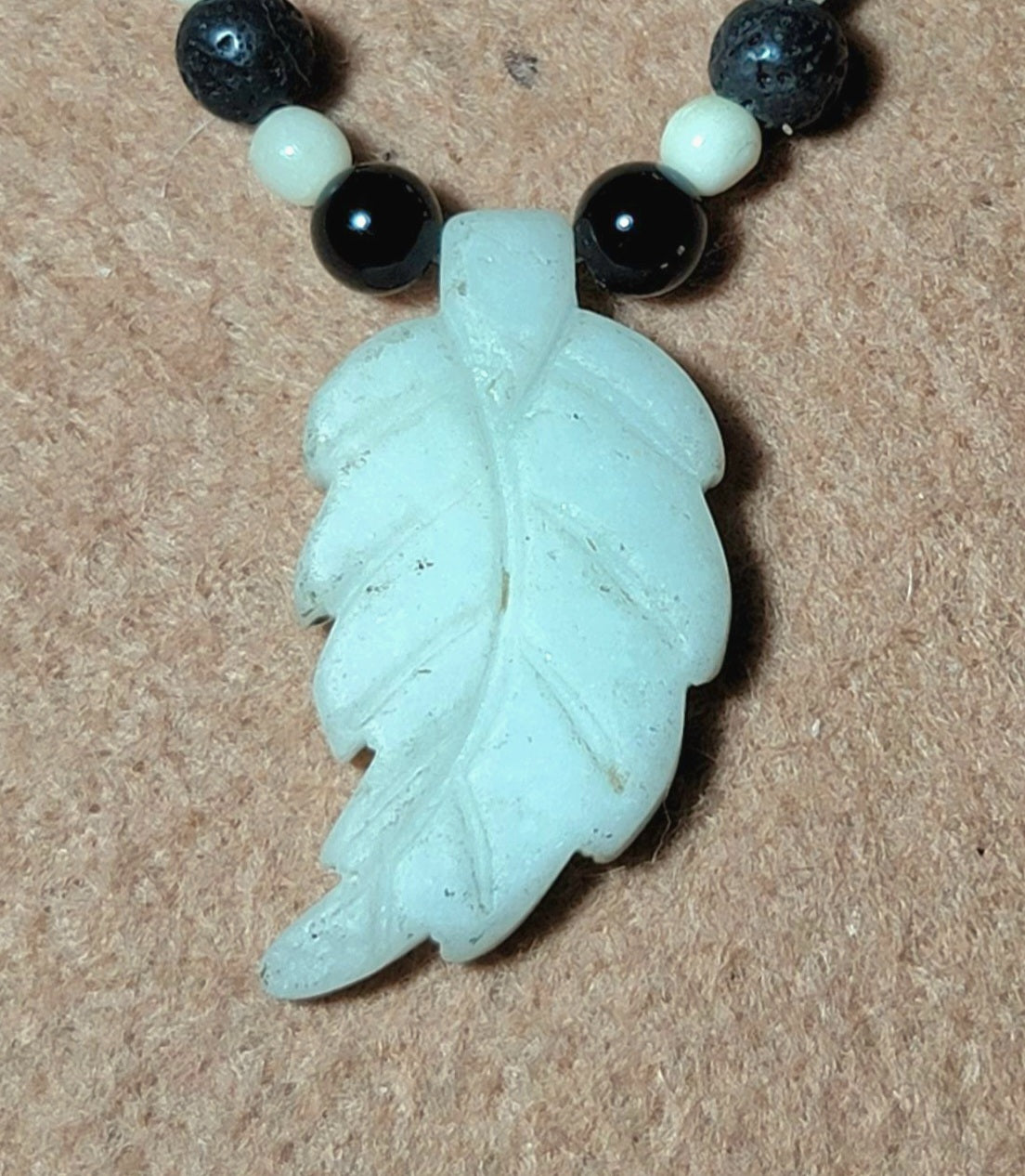 Agate Leaf Pendant: Black Tourmaline, Howlite, Bone & Lava