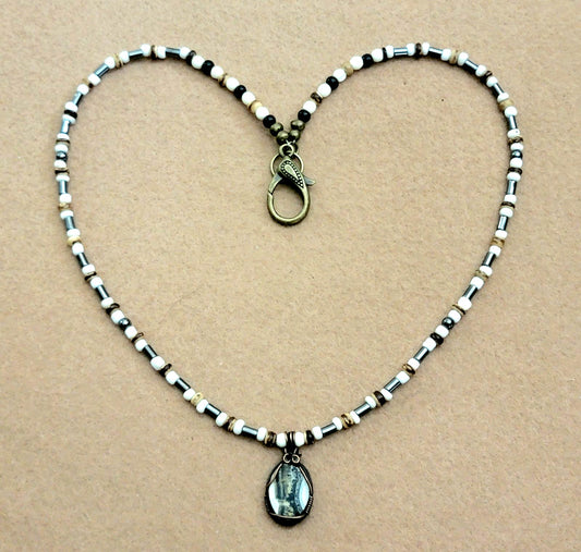 Silver Lacy Onyx Pendant:  Hematite, Wood & Bone