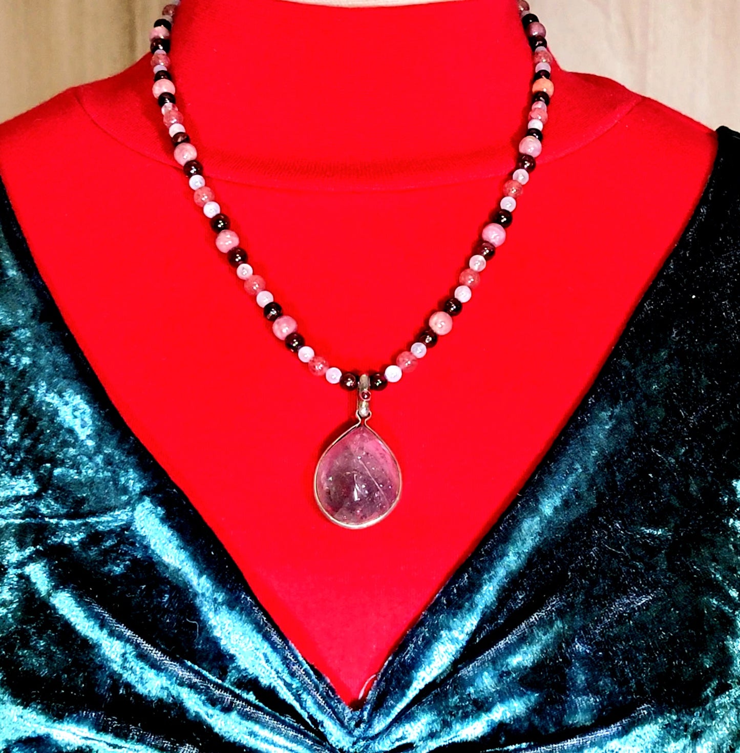 Bi Color Tourmaline Pendant: Garnet, Aquamarine Angelite Tourmaline & Rhodolite.