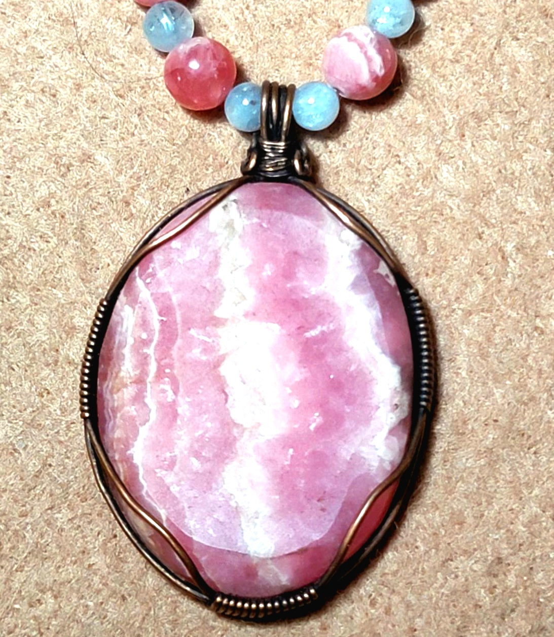 Rhodochrosite Cabochon: Aquamarine, Angelite, Rhodonite & Bone