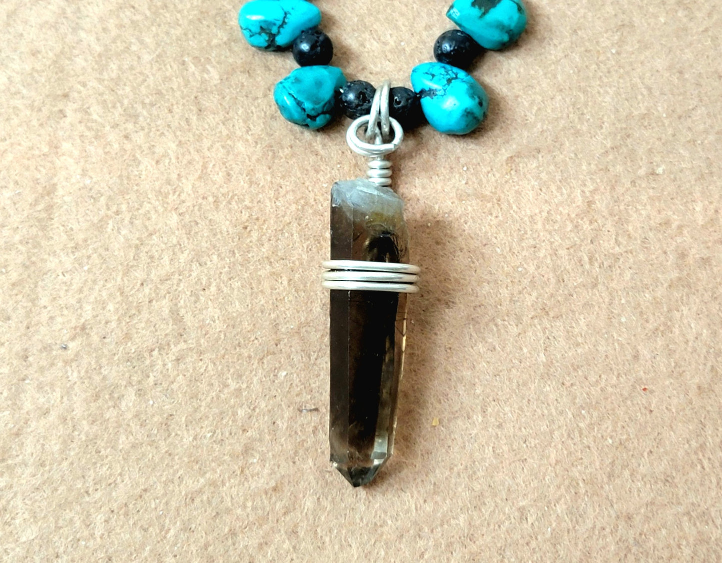 Smokey Quarts Point:  Turquoise, Chrysoprase, Opal, Bone & Lava