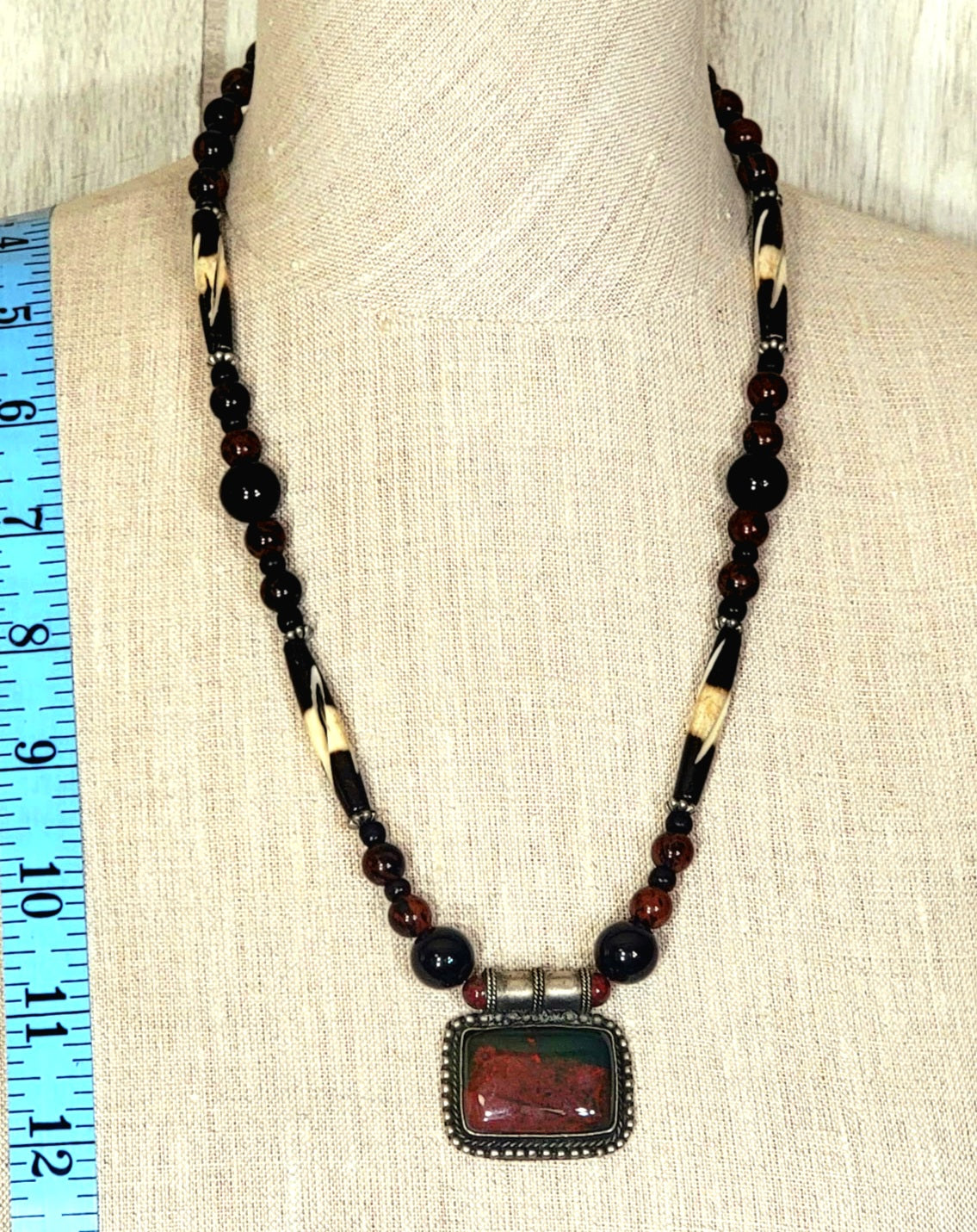 Mahogany Obsidian Pendant: Black Onyx, Mahogany Obsidian, Bone & Reed