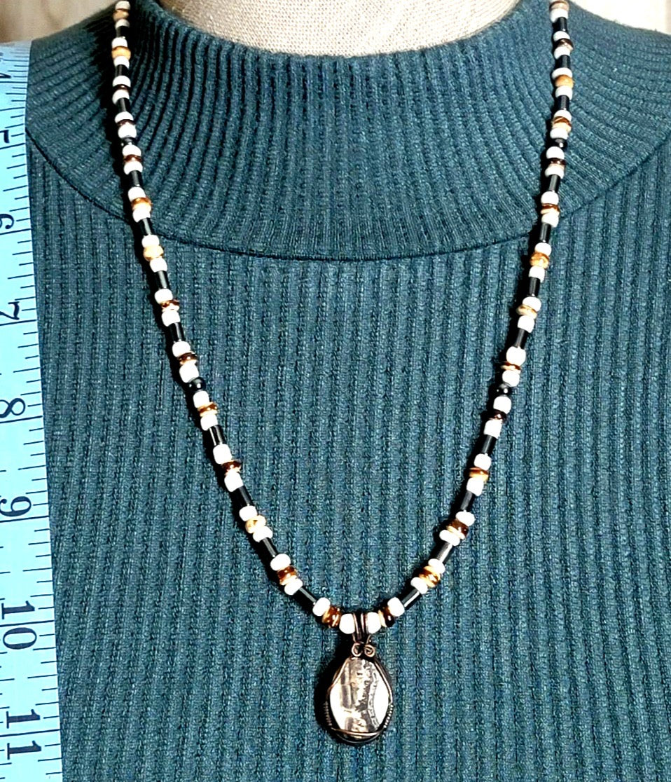Silver Lacy Onyx Pendant:  Hematite, Wood & Bone