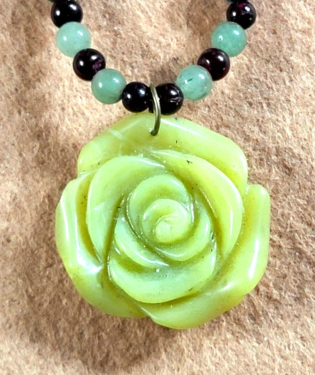 Jade Rose Pedant:  Adventurine, Garnet & Jade