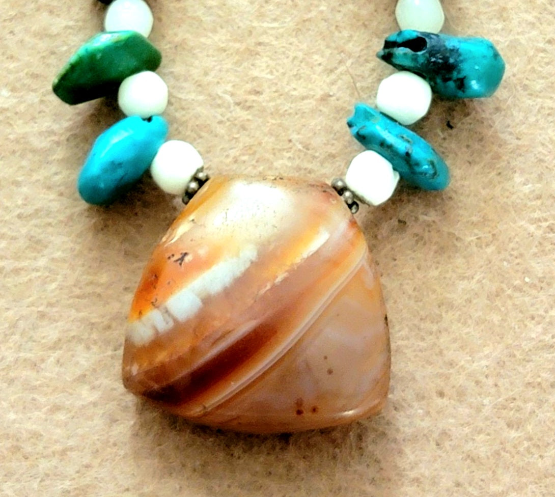 Indus Valley Carnelian Pendant: Vintage Turquoise, Carnelian, Lava & Bone