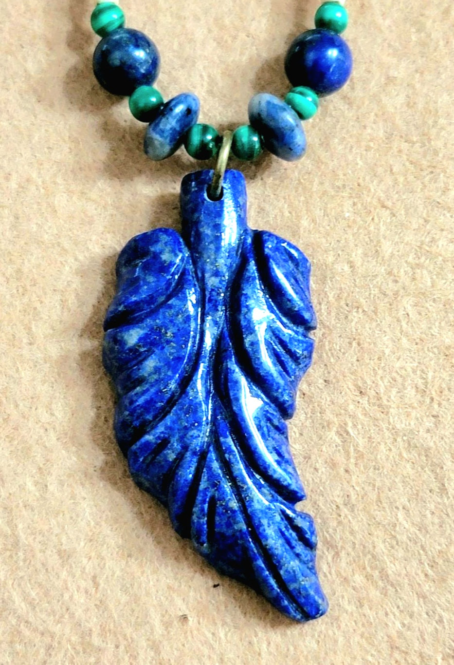 Lapis Leaf Pendant: Malachite, Sodalite, Blue Tiger Eye & Bone