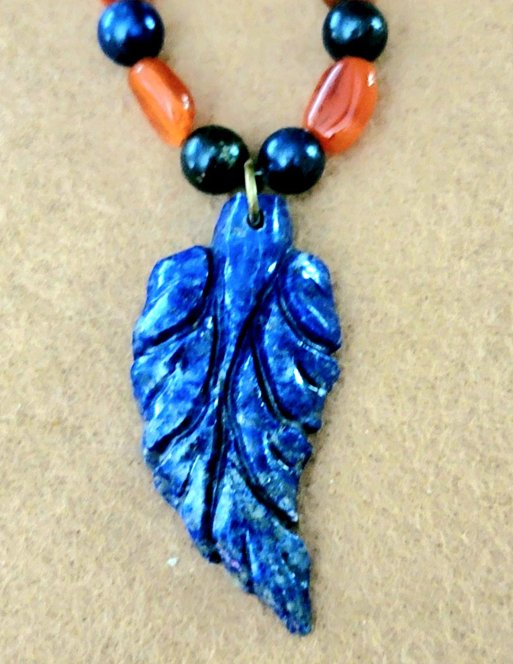 Lapis Leaf Pendant: Carnelian, Azurite & Bone
