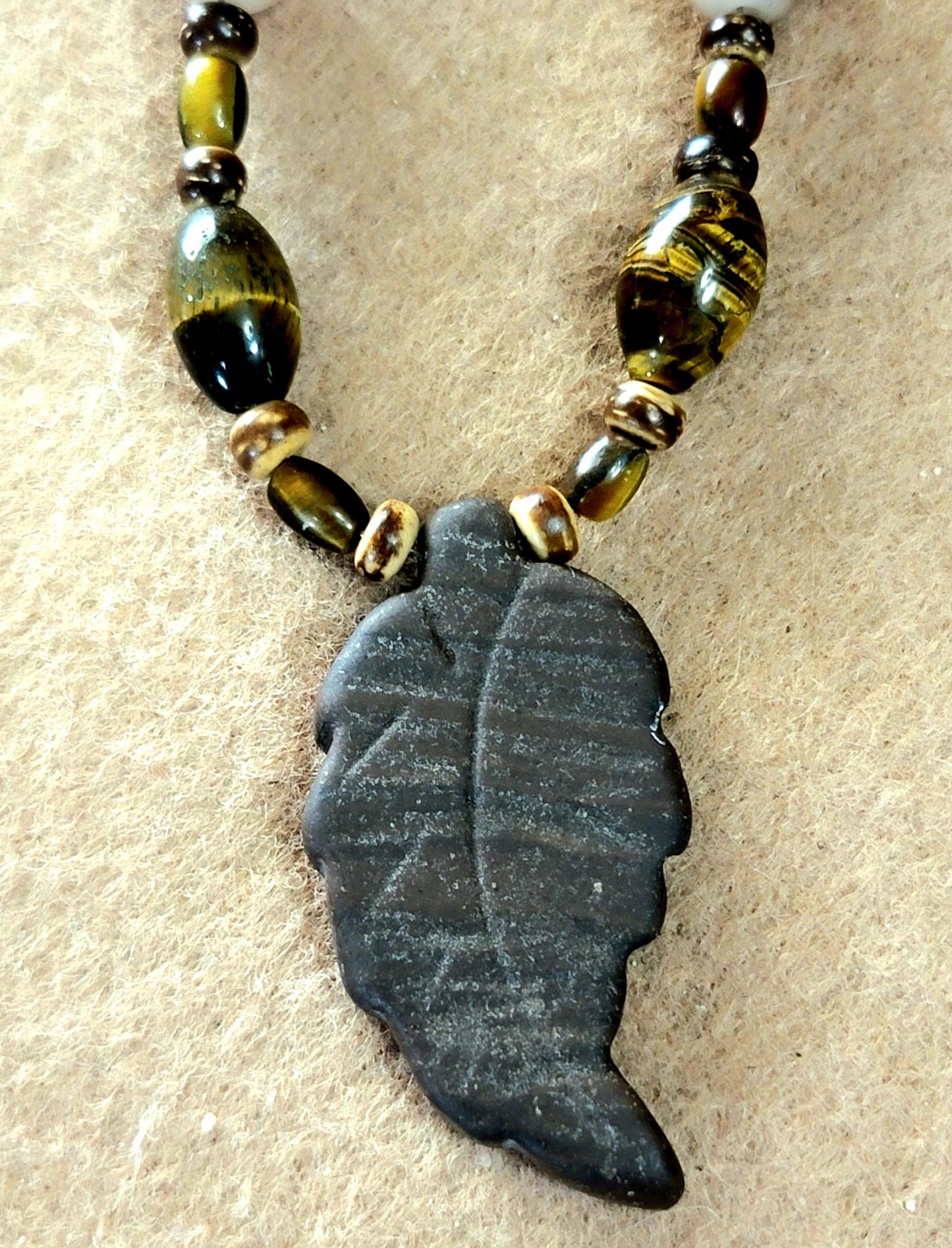Agate Leaf Pendant:  Brown Tiger Eye, Leopard Quarts, Jasper, Agate & Reed