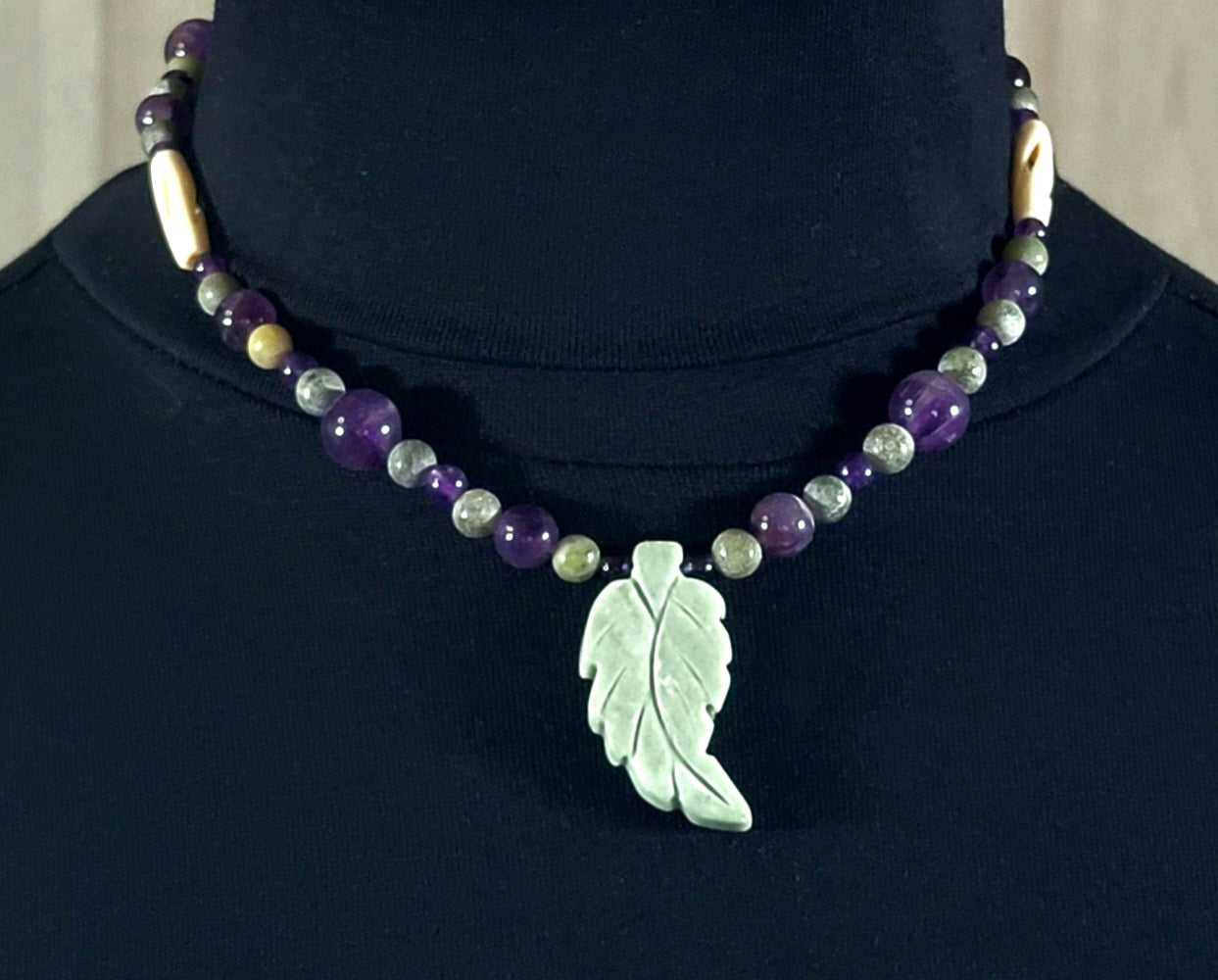 Agate Leaf Pendant: Amethyst, Jade & Bone