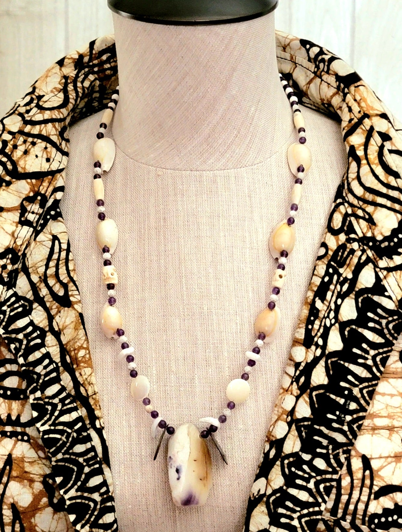 Shell Pendant: Amethyst, Abalone, Shell, Bone & Reed