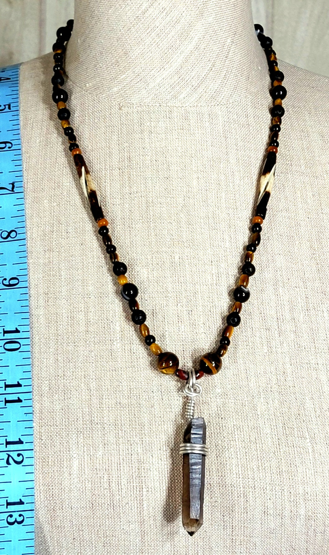 Smokey Quartz Pendant:  Tiger Eye, Onyx & Bone