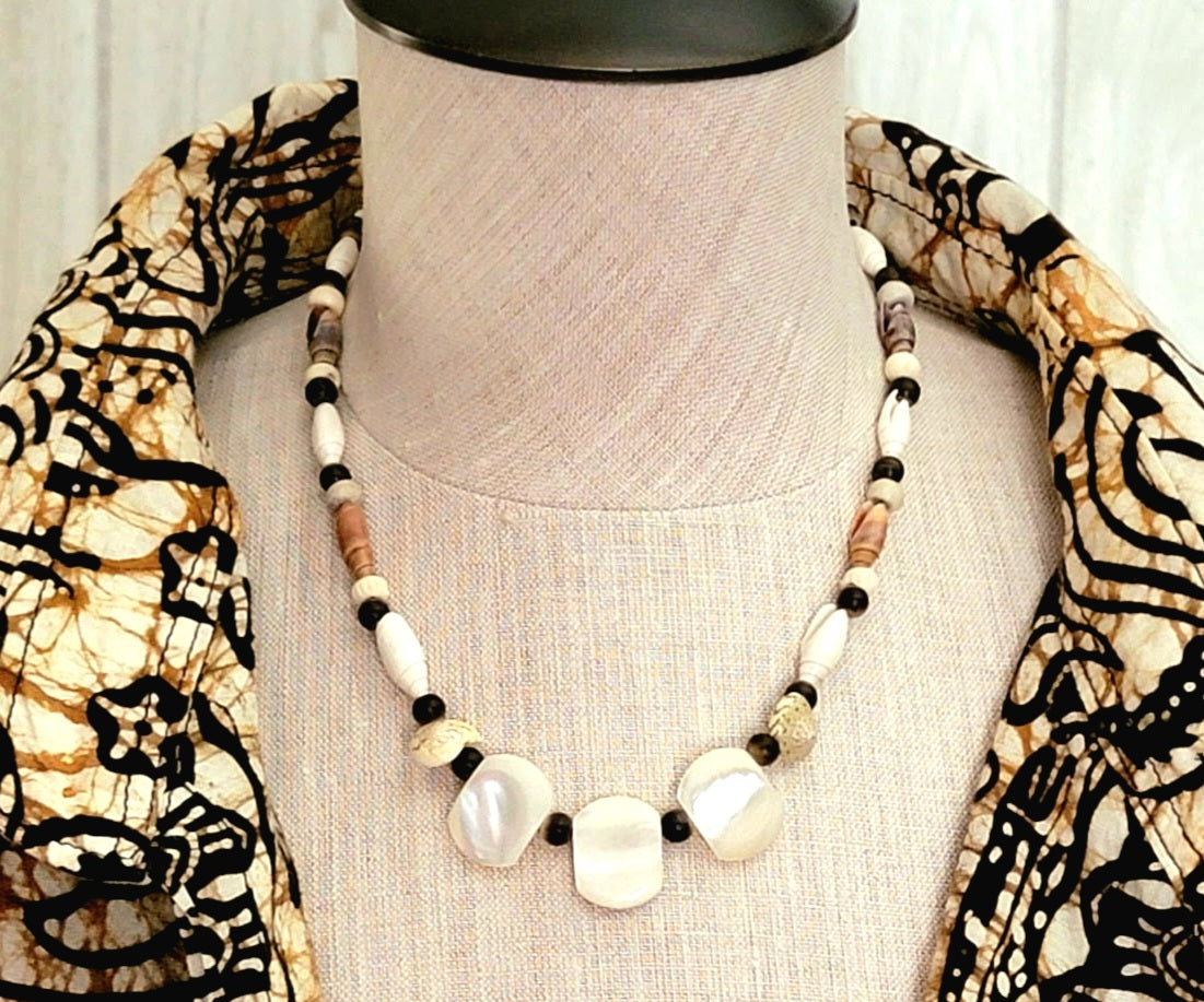 Mother Pearl Necklace: Abalone, Ox Horn, Shell & Bone
