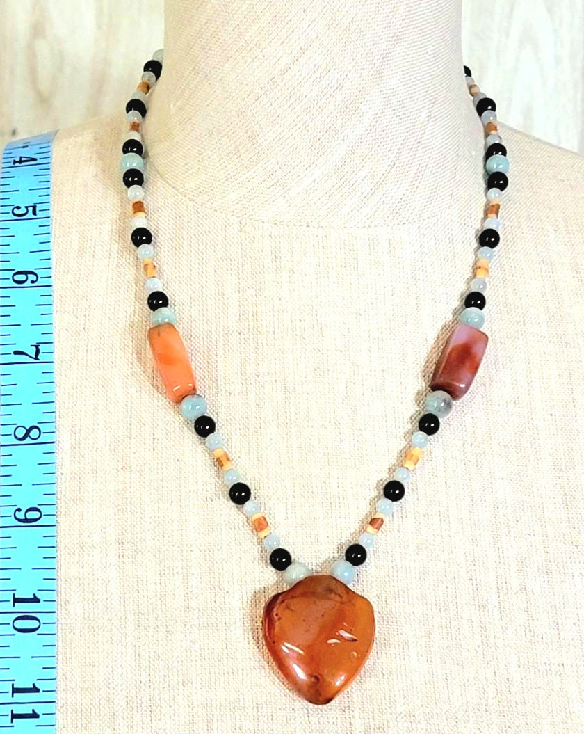 Indus Valley Carnelian Pendant: Black Tourmaline, Aquamarine & Bamboo