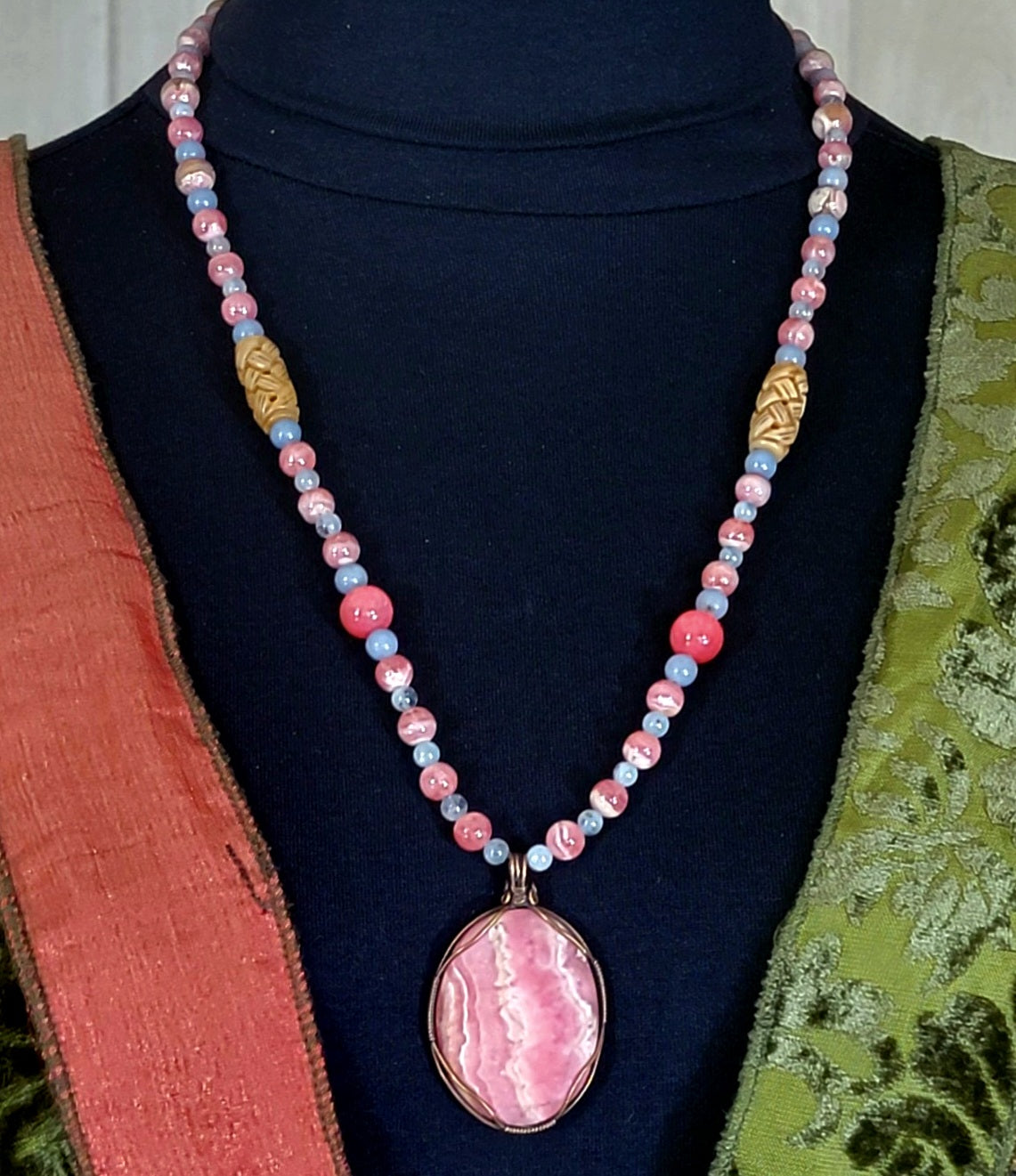 Rhodochrosite Cabochon: Aquamarine, Angelite, Rhodonite & Bone