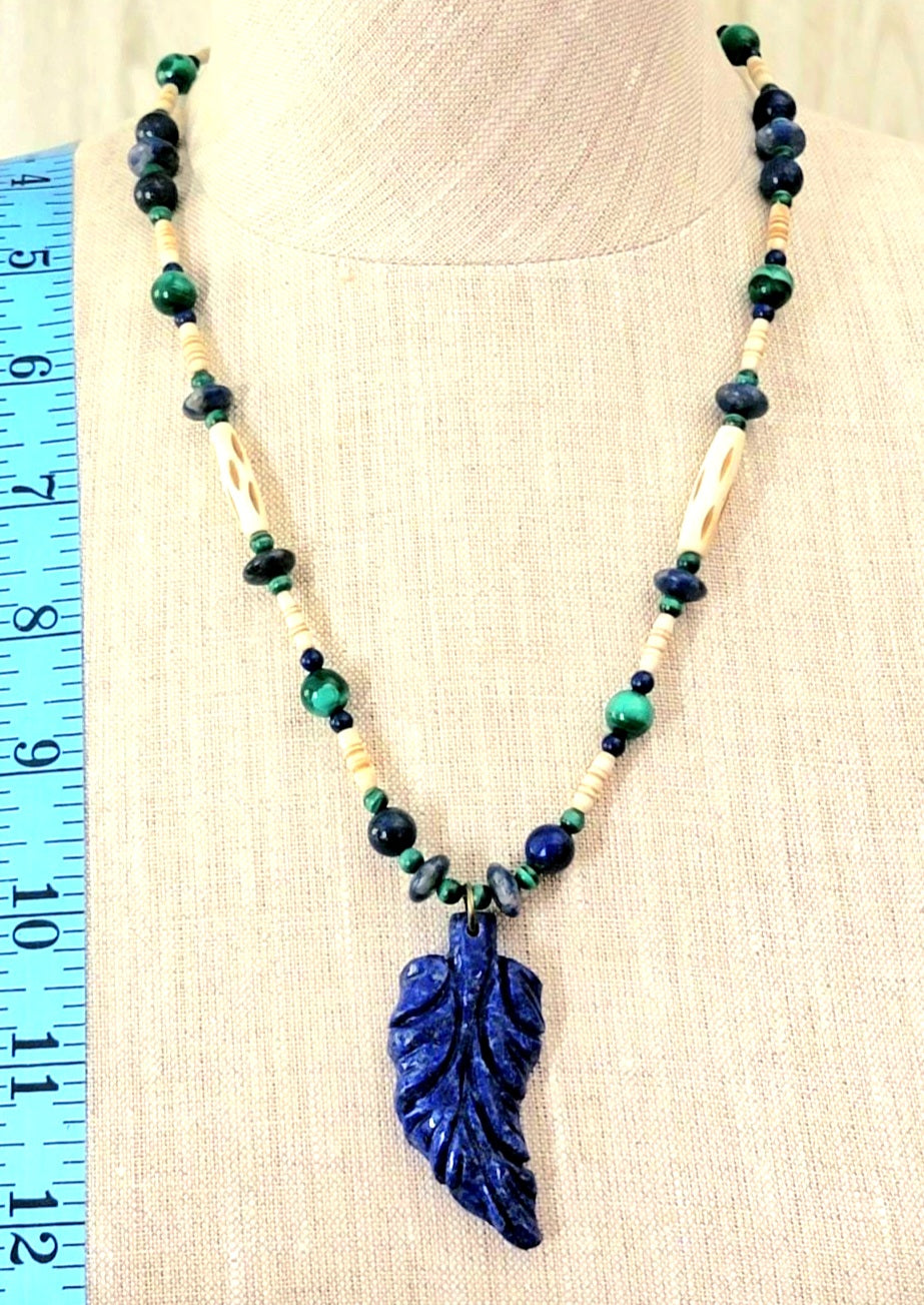 Lapis Leaf Pendant: Malachite, Sodalite, Blue Tiger Eye & Bone