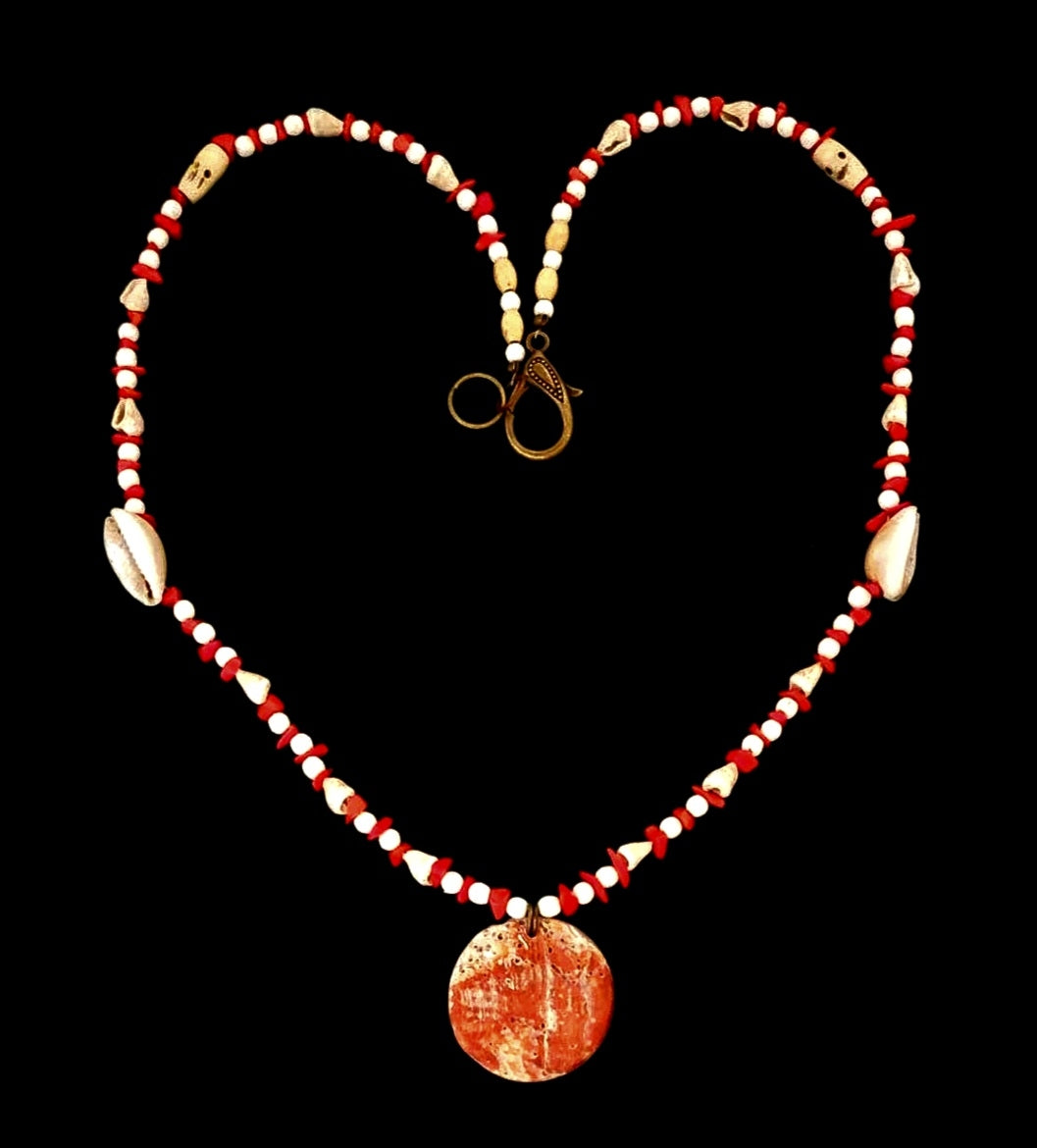 Mother of Pearl Button Pendant: Skull Bone, Coral & Shell.