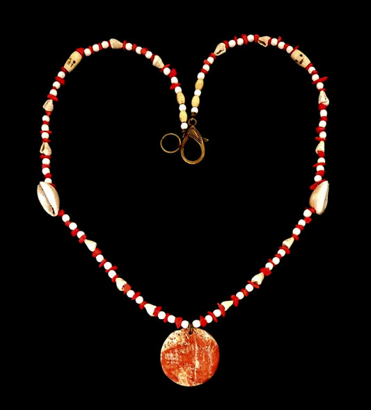 Mother of Pearl Button Pendant: Skull Bone, Coral & Shell.
