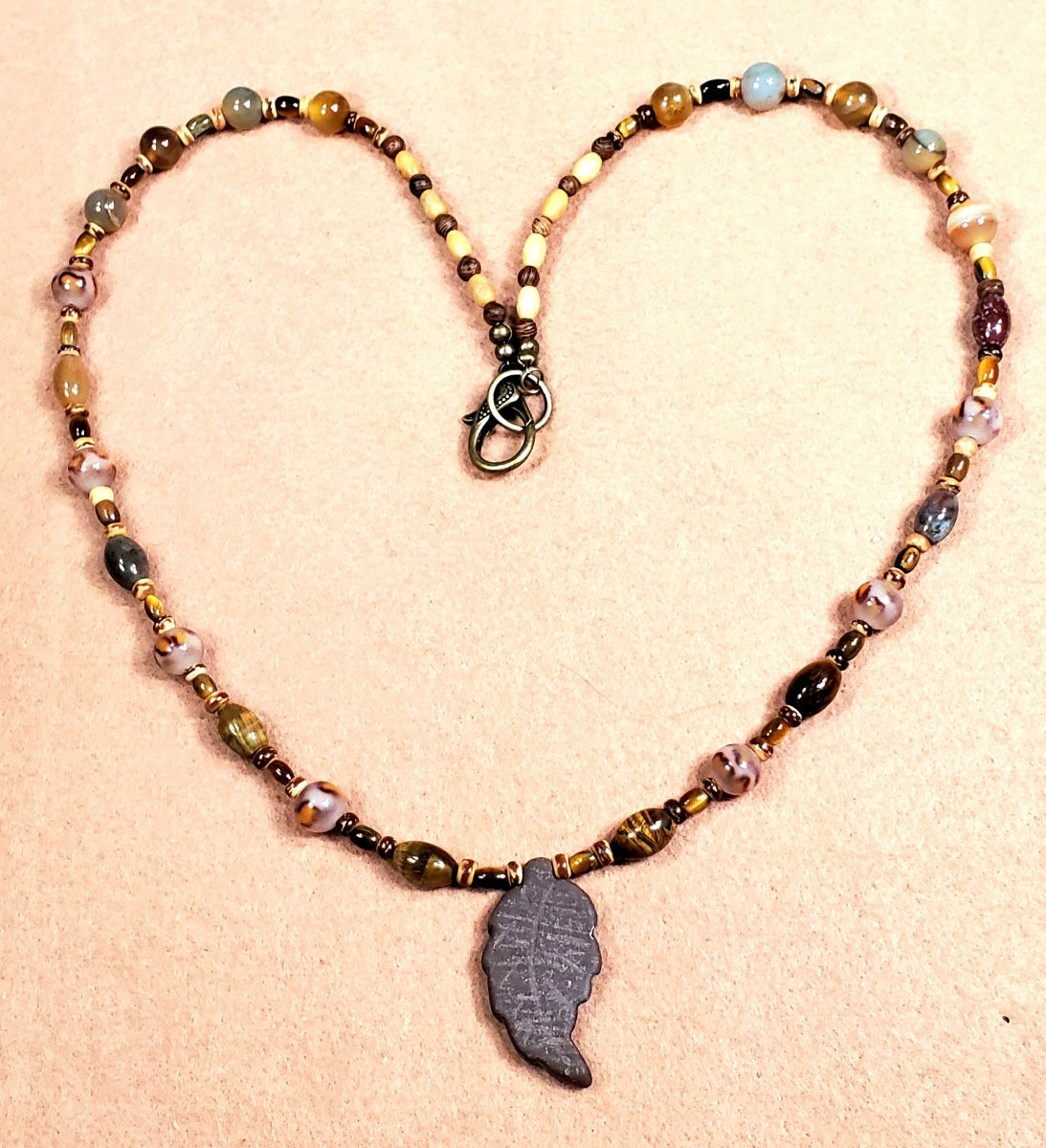 Agate Leaf Pendant:  Brown Tiger Eye, Leopard Quarts, Jasper, Agate & Reed
