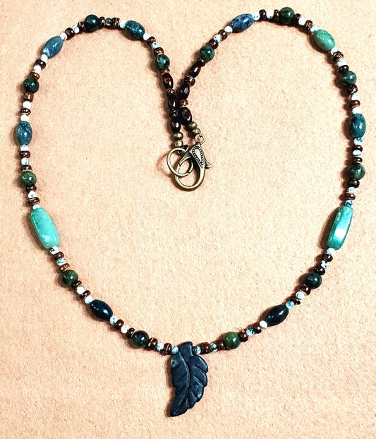 Agate Leaf Pendant:  Green Agate, Moss Agate, Jasper & Wood