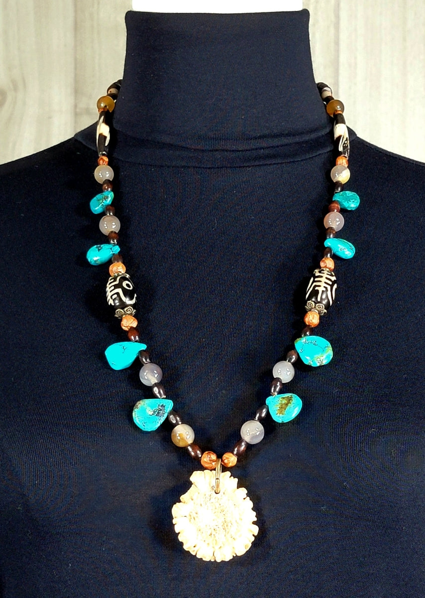 Antler Button:  Turquoise, Agate, Bone & Seed
