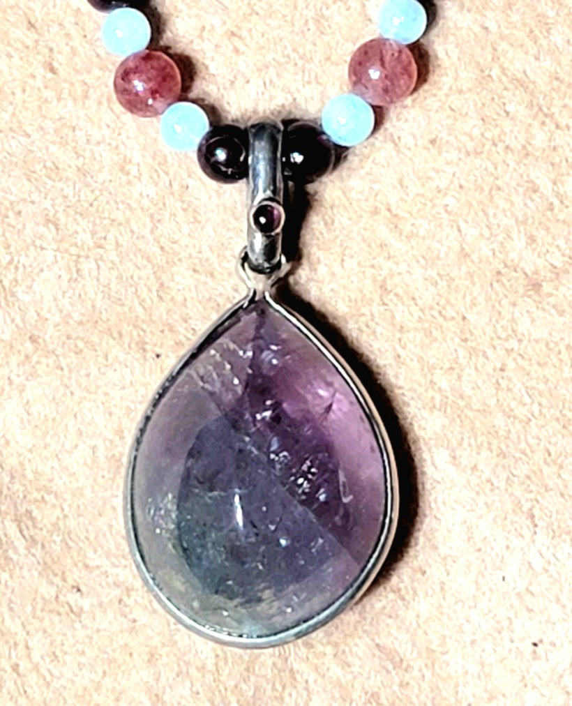 Bi Color Tourmaline Pendant: Garnet, Aquamarine Angelite Tourmaline & Rhodolite.