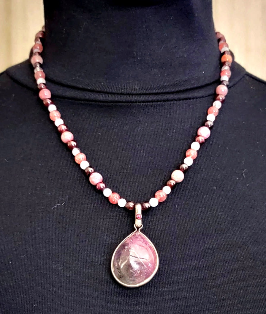 Bi Color Tourmaline Pendant: Garnet, Aquamarine Angelite Tourmaline & Rhodolite.