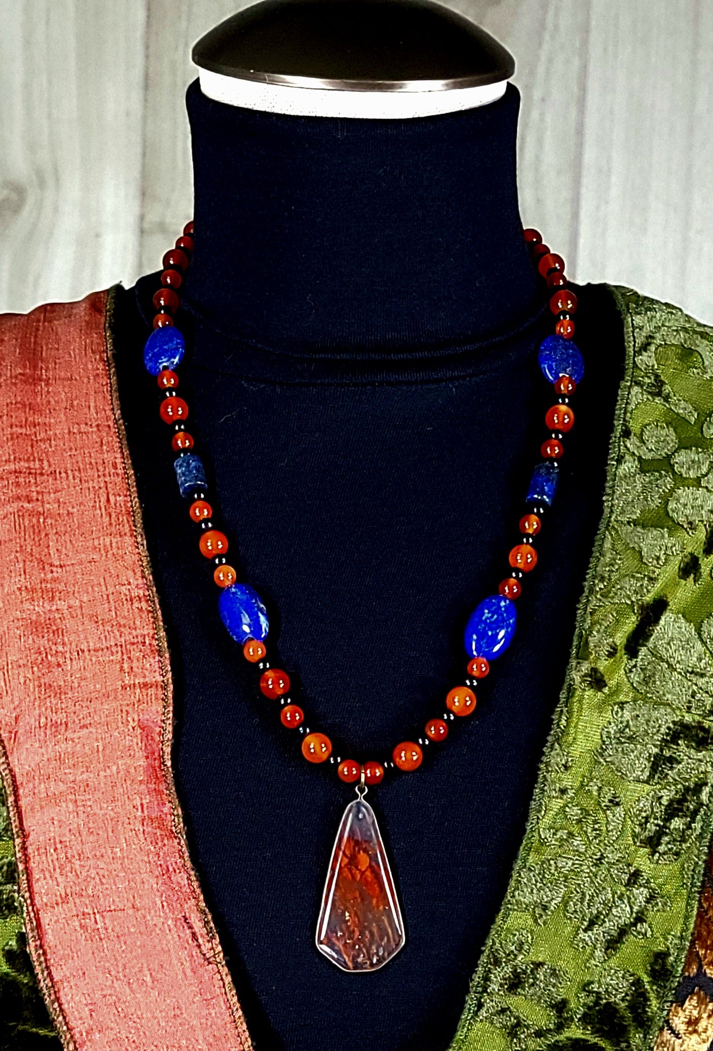 Fire Agate Pendant:  Lapis, Carnelian & Lava