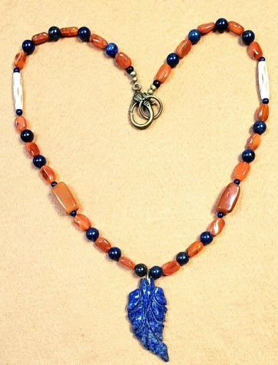 Lapis Leaf Pendant: Carnelian, Azurite & Bone