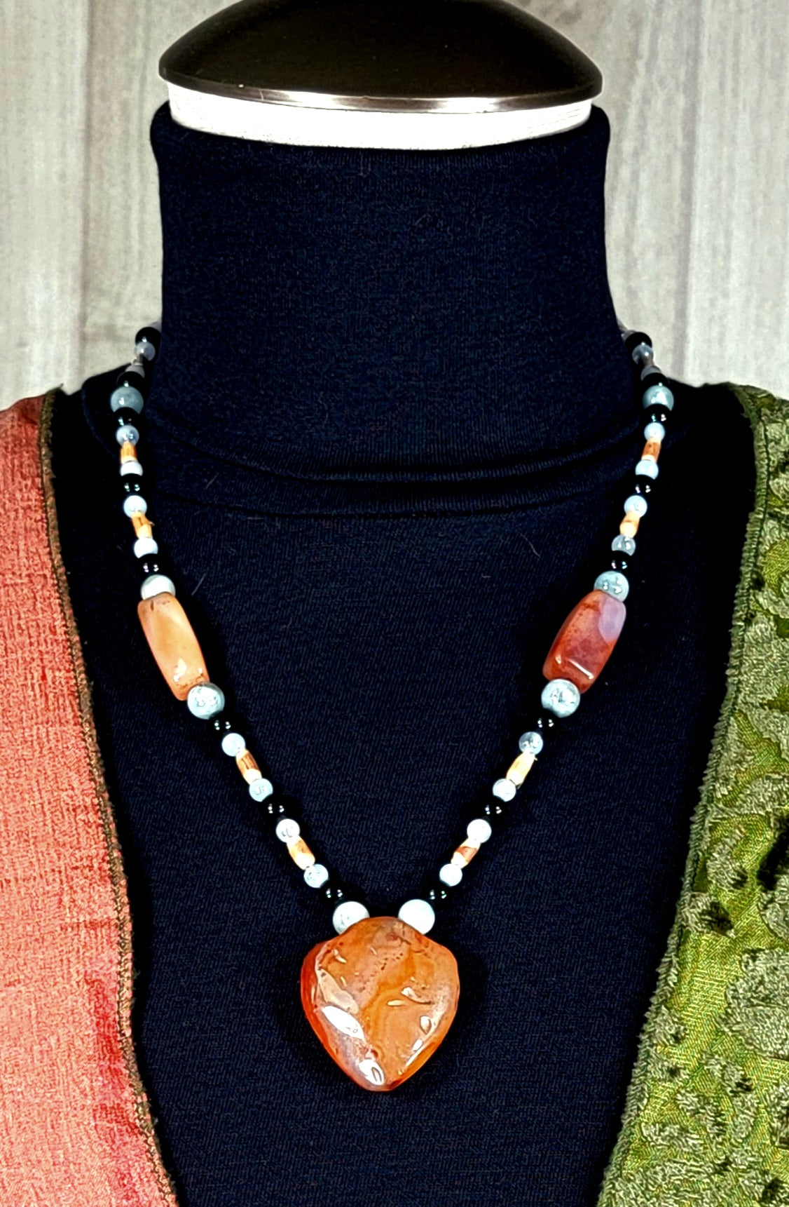 Indus Valley Carnelian Pendant: Black Tourmaline, Aquamarine & Bamboo