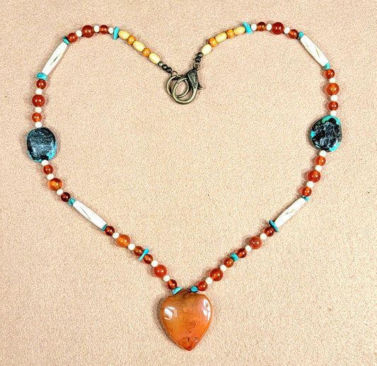 Indus Valley Carnelian Pendant: Vintage Turquoise, Carnelian, Bone & Seed