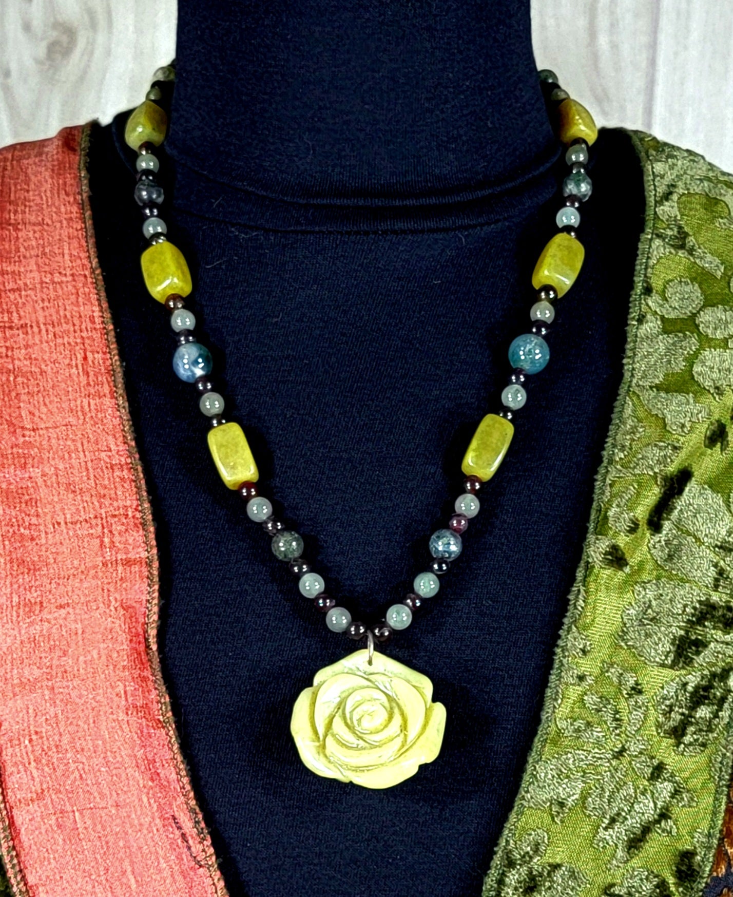 Jade Rose Pedant:  Adventurine, Garnet & Jade