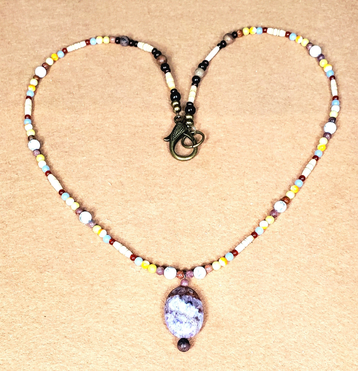 Lepidolite Pendant:  Amethyst, Lepidolite, Bone & Seed