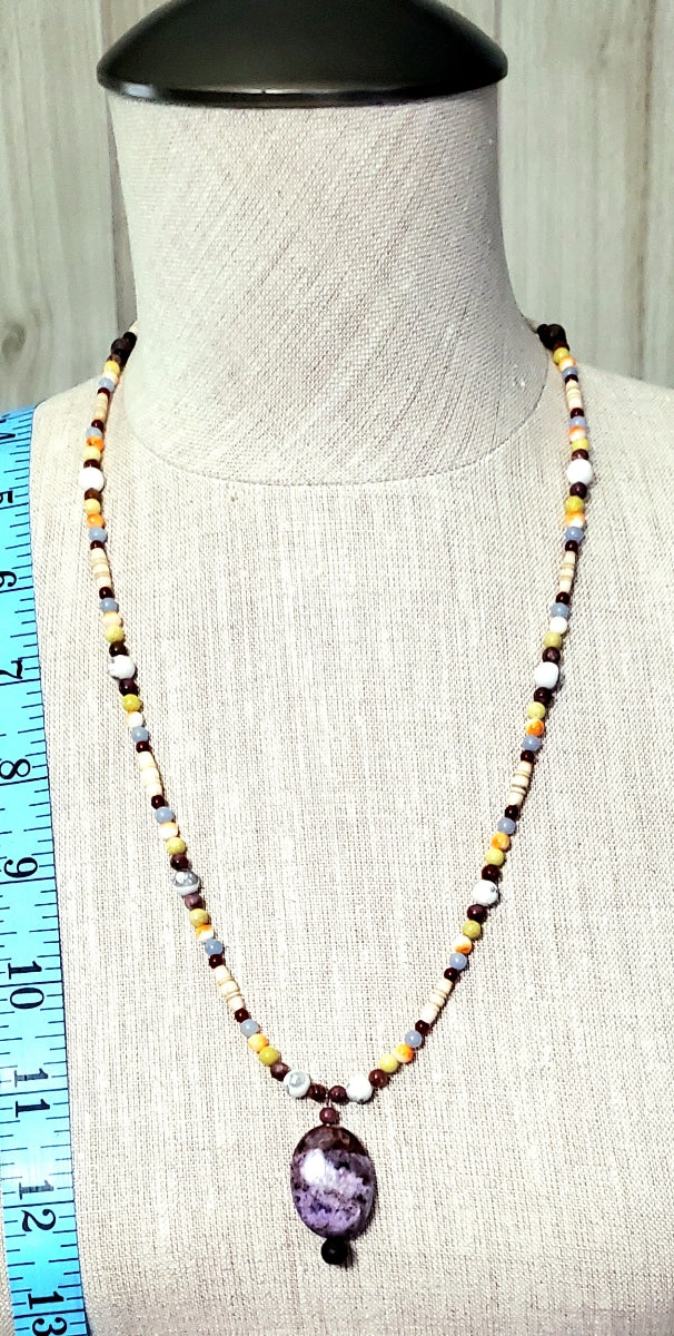 Lepidolite Pendant:  Amethyst, Lepidolite, Bone & Seed