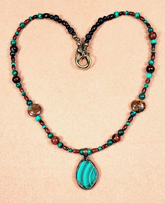 Malachite Cabochon: Australian Opal, Mahogany Obsidian, Malachite, Lava & Bone