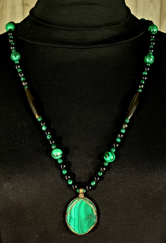 Malachite Cabochon: Malachite Black Tourmaline & Bone
