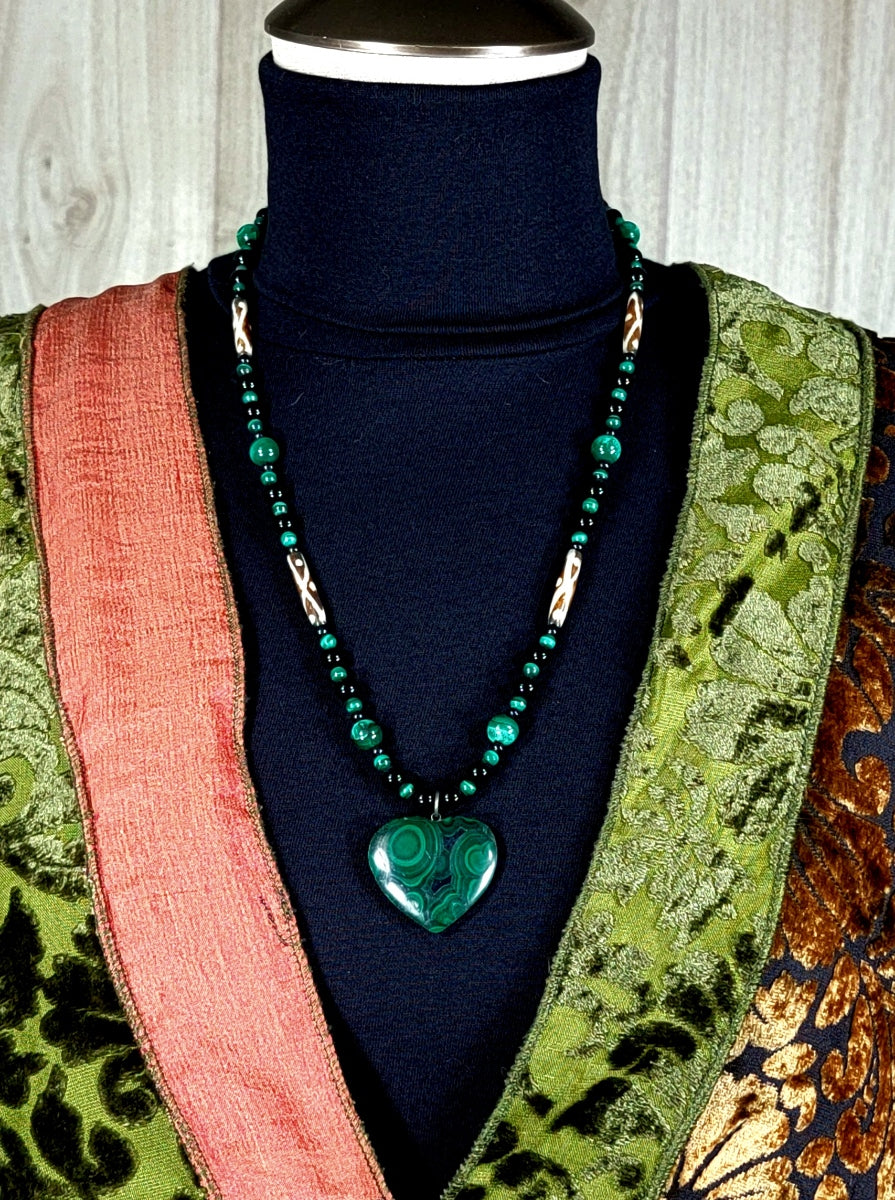 Malachite Heart Pendant:  Black Tourmaline & Bone