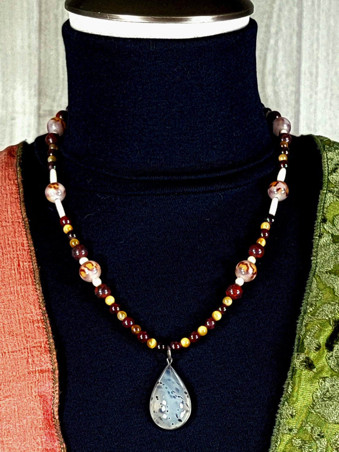 Moss Agate Cabochon: Yellow Tiger Eye, Garnet, Leopard Quartz Bone & Seed