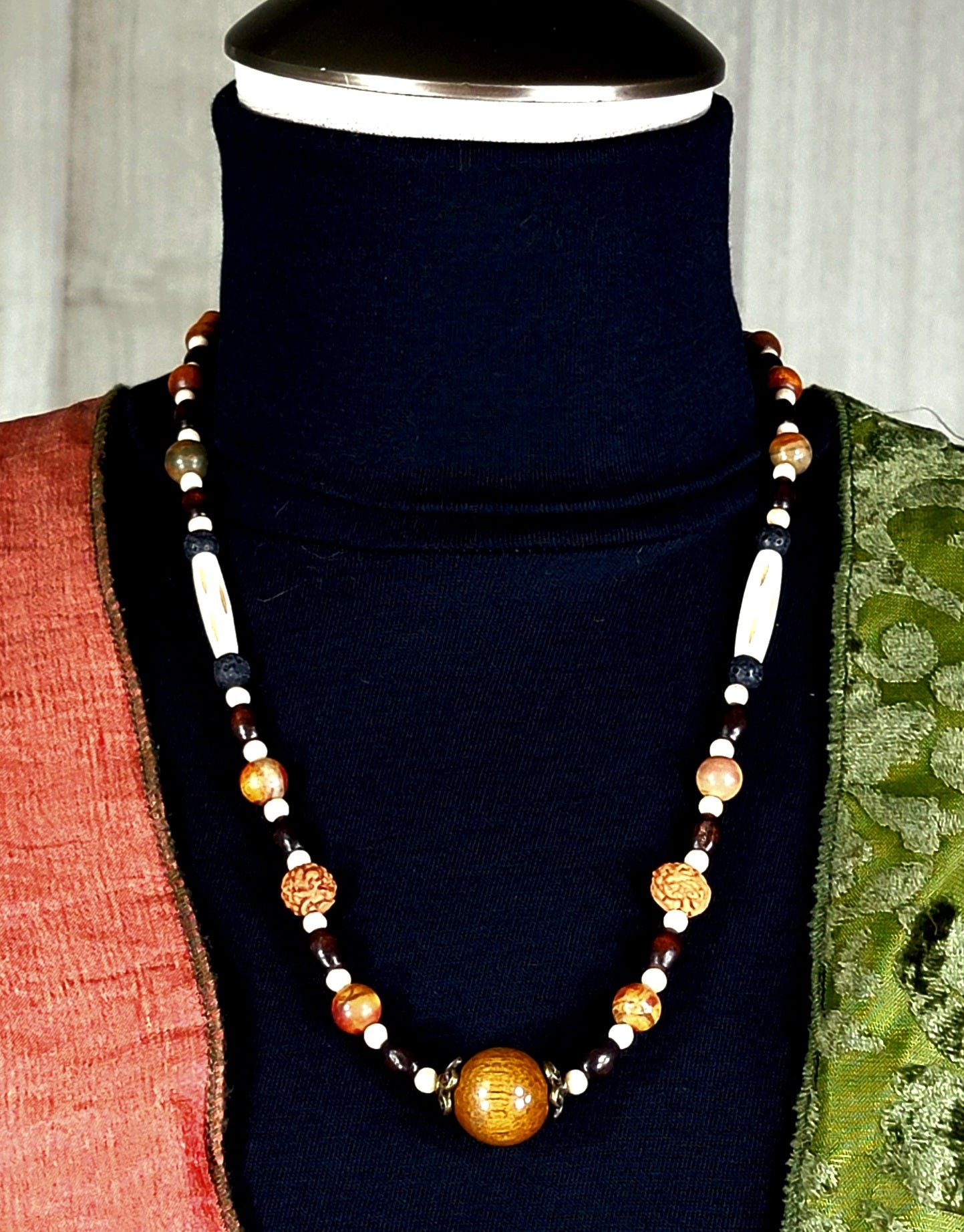 Tiger Eye Ball:  Red Jasper, Lava, Bone & Seed