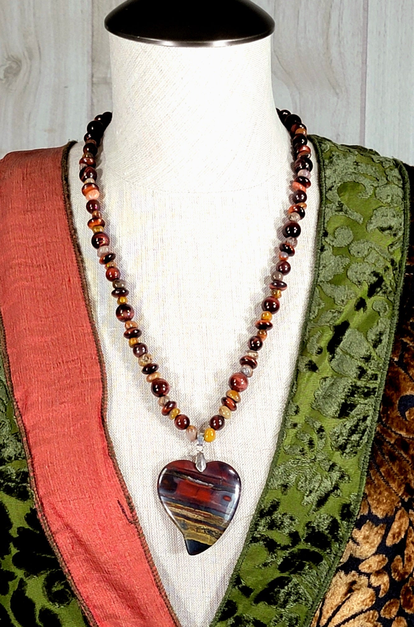 Petrified Heart Pendant:  Red Tiger Eye & Agate
